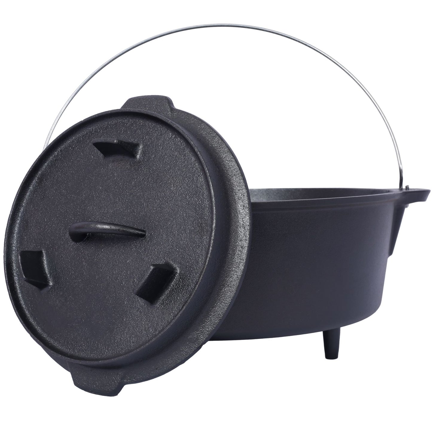 Campfire deep pot with integrated leg base standing over an open fire