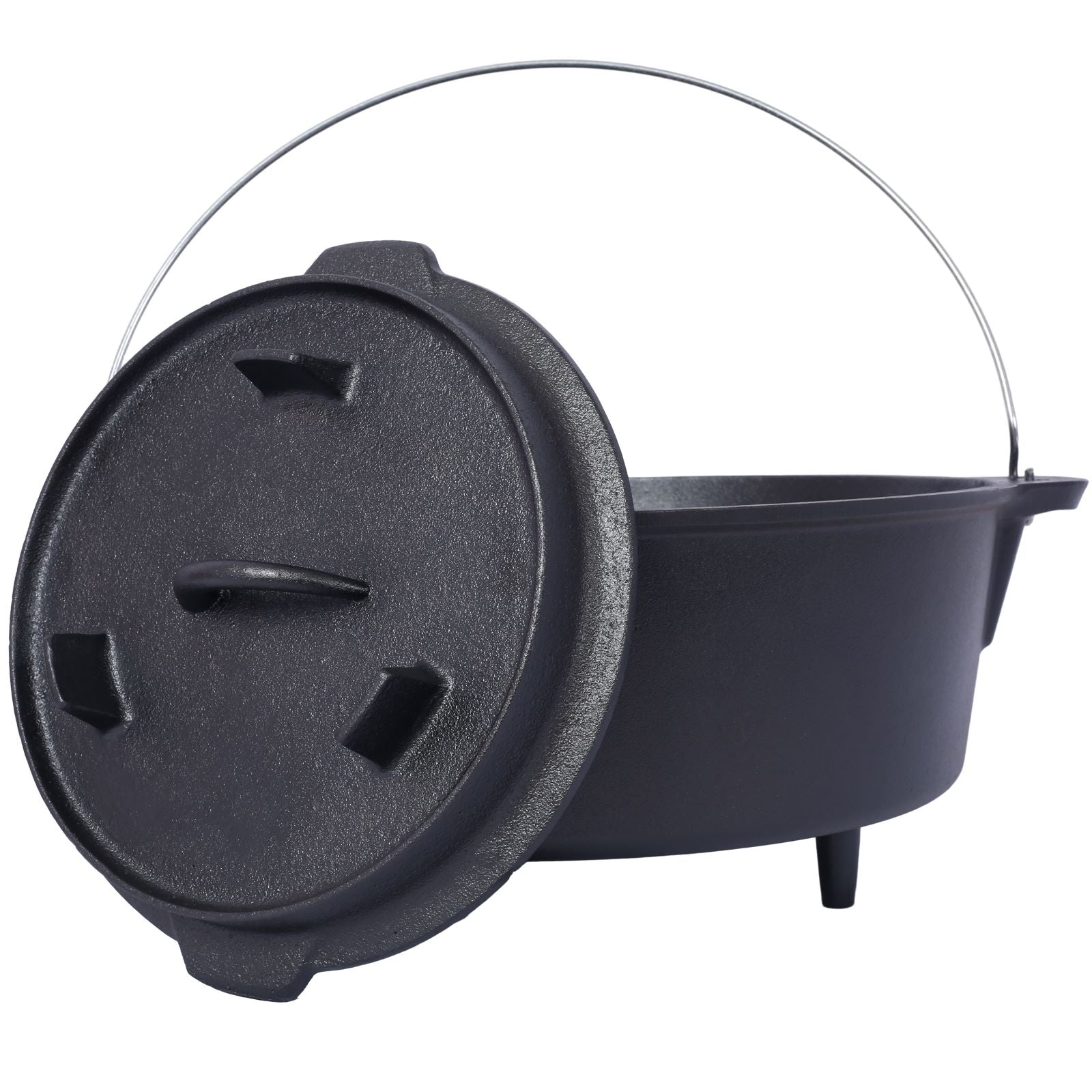 Campfire deep pot with integrated leg base standing over an open fire