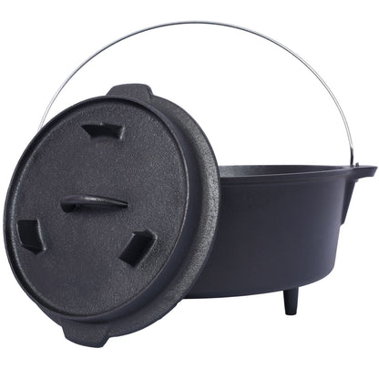 Campfire deep pot with integrated leg base standing over an open fire