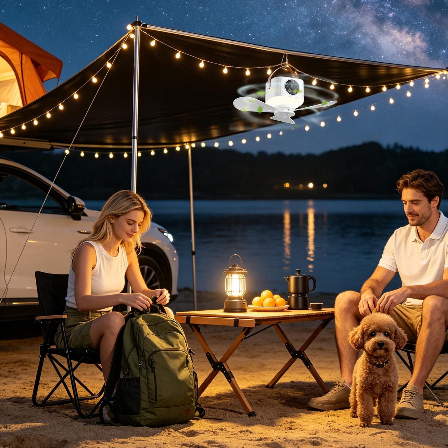 1Pc Tent Ceiling Fan with Light 7200Mah Rechargeable Battery Operated Hanging Canopy Fan with Remote Control 4 Wind Speeds 3 Brightness Standard Type
