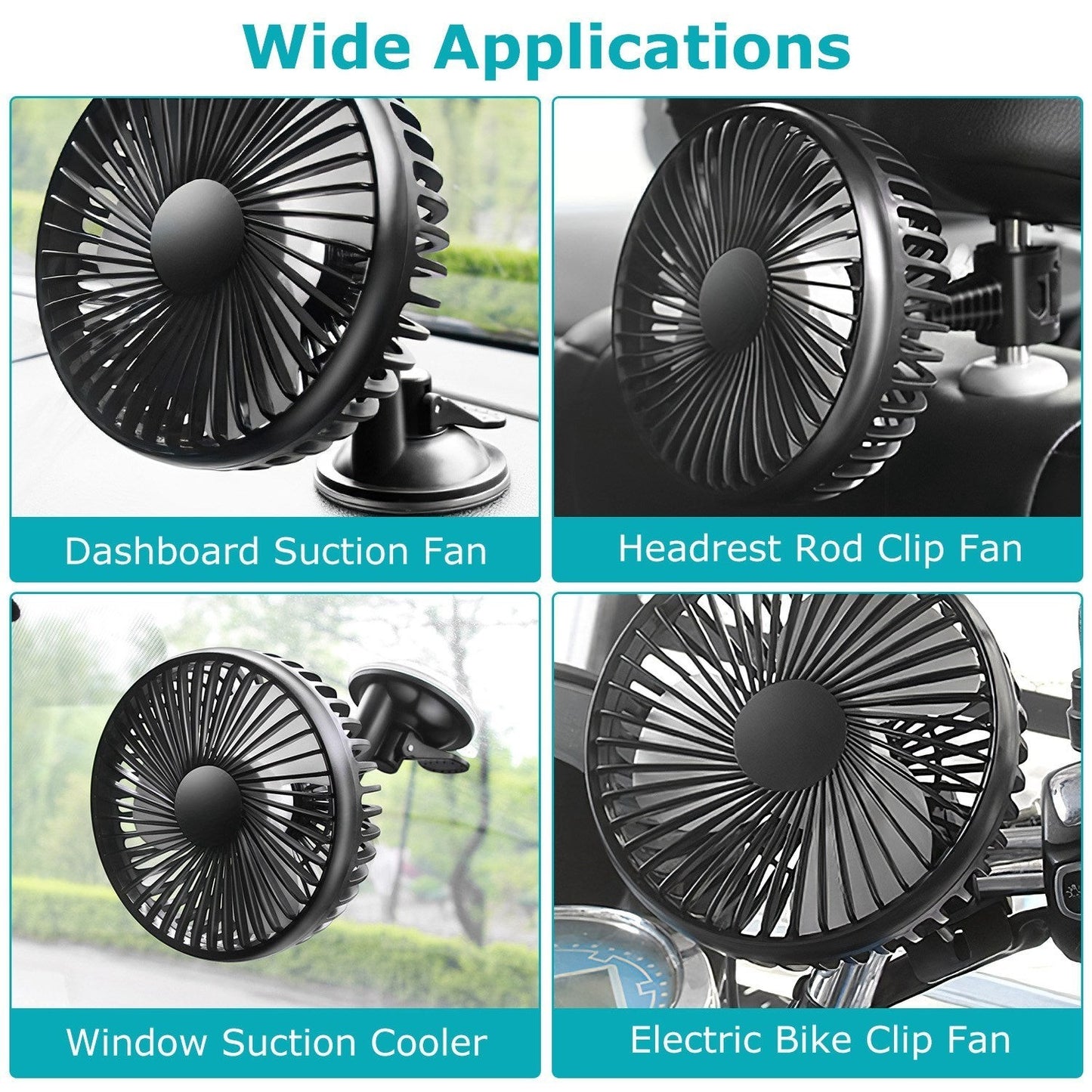 Rotatable RV and car fan with 3 speeds mounted on a dashboard