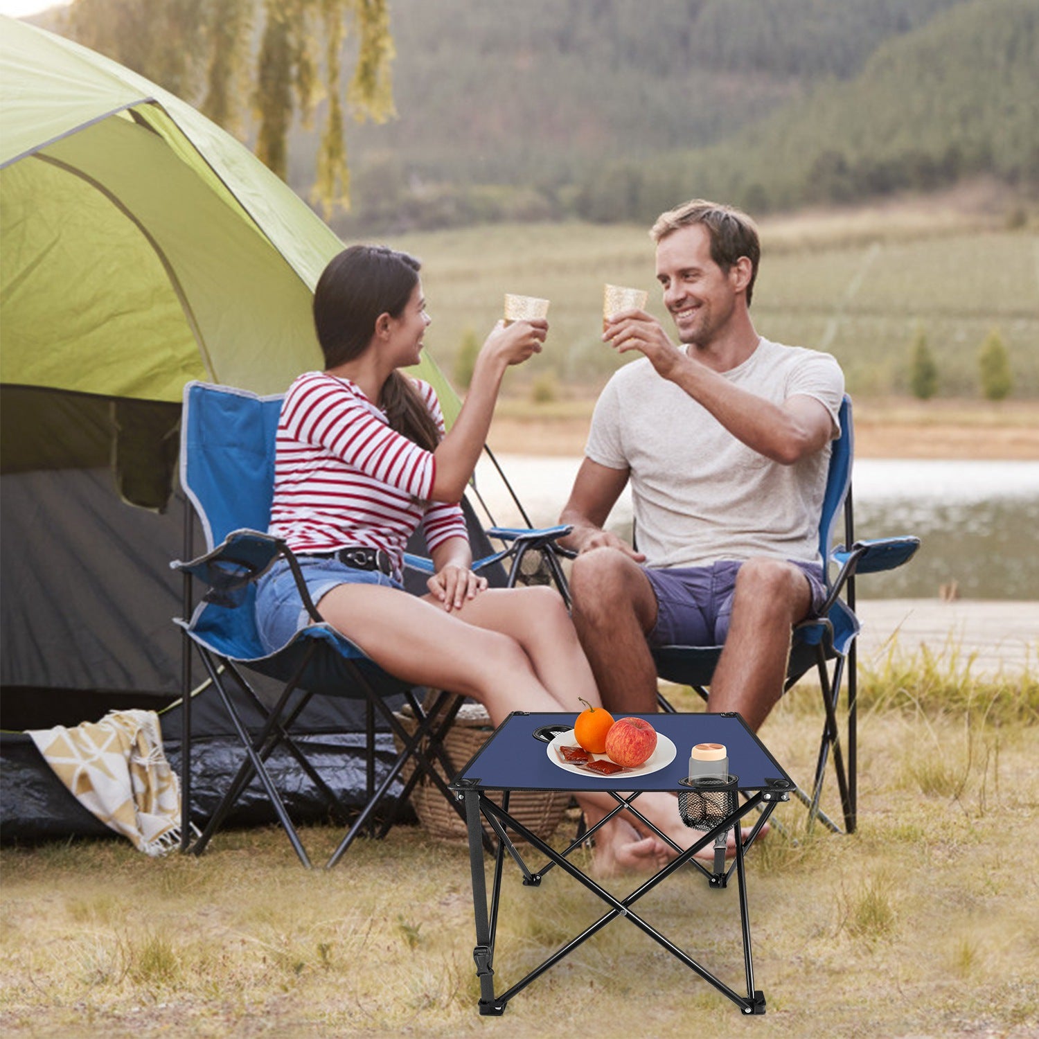 1Pc 2Pc Options Foldable Camping Table Portable Picnic Table Lightweight Travel Desk with 2 Cup Holders Carrying Bag Color Options Black Orange Green Red Blue Navy Blue