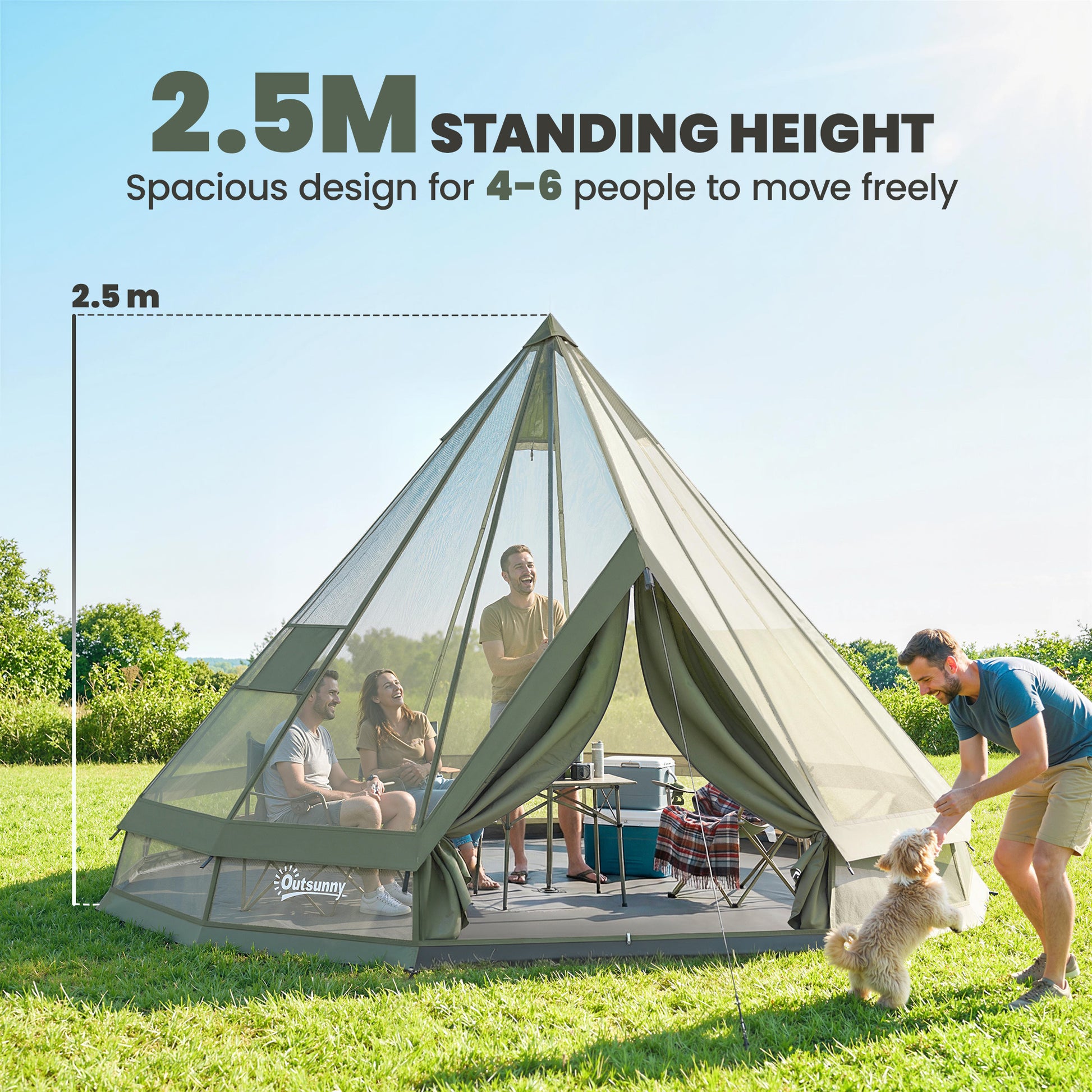 Teepee Tent Waterproof Camping Tent with Stove Jack for 4-6 People for Outdoor Camping Hiking Army Green