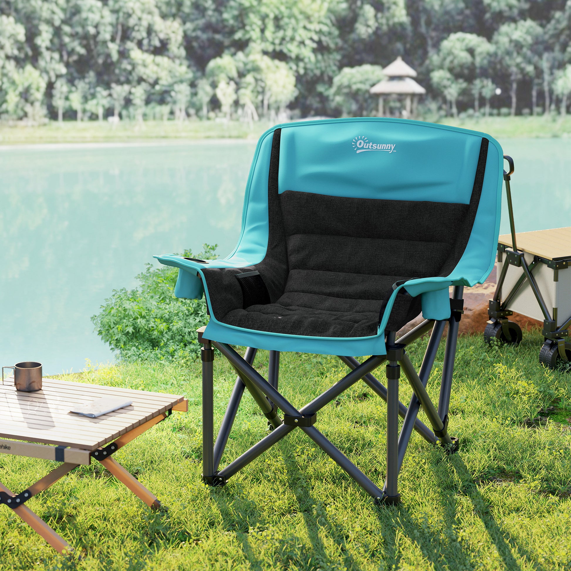 Camping Chair for Adults, Portable Folding Camping Chair W/ Side Pockets, Cup Holders, Carry Bag, Green and Black
