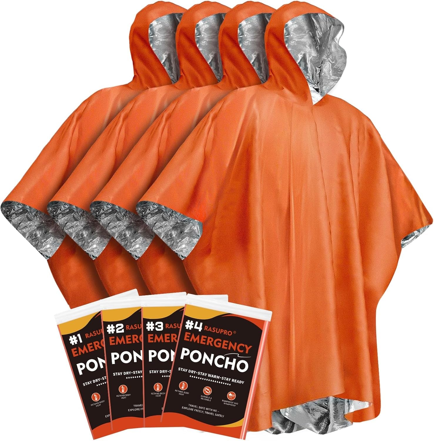 4-pack emergency ponchos with Mylar lining that reflects body heat