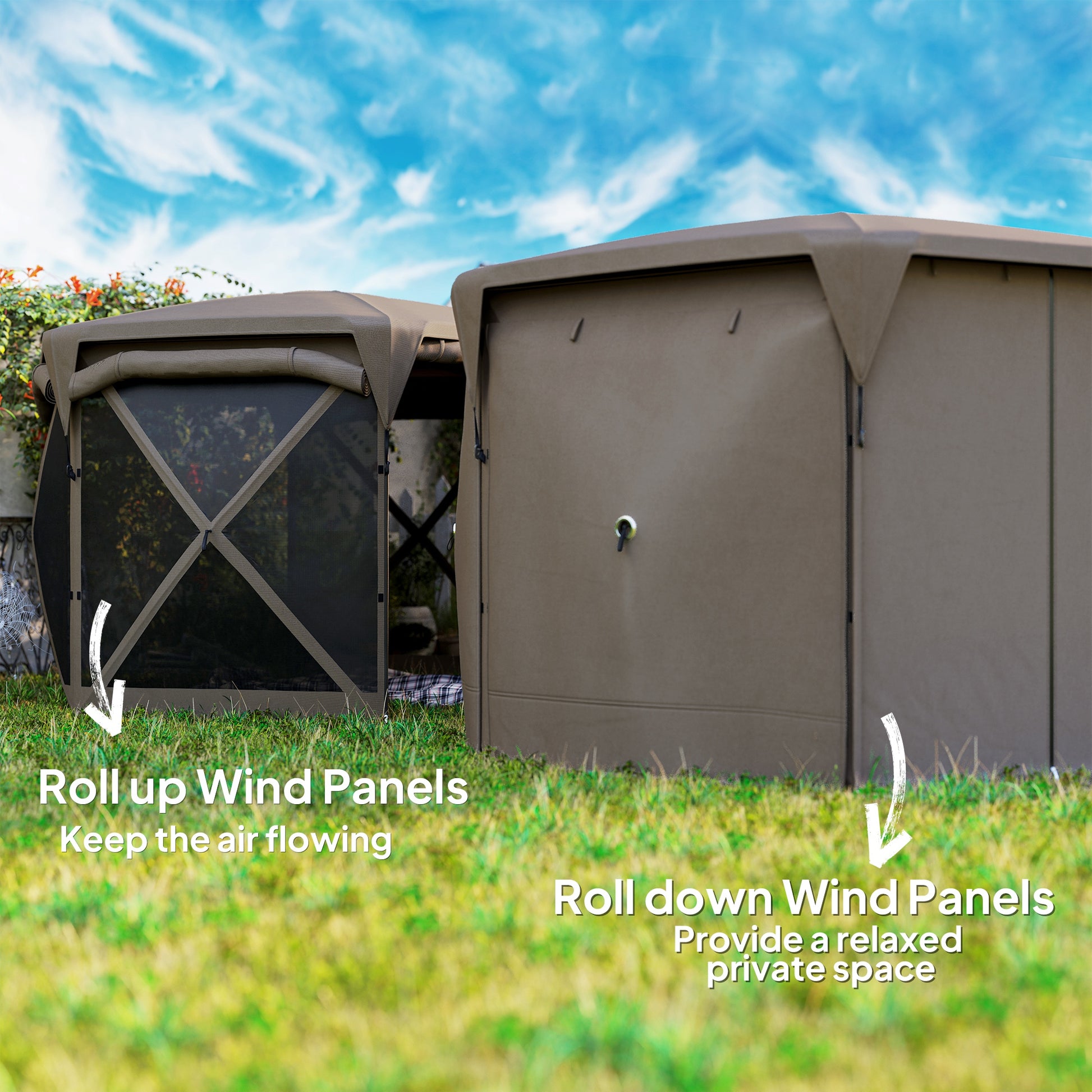 11 X 11Ft up Gazebo Screen Tent with Removable Roof Cover, Roll-Up Wind Panels for Camping, Backyard, Brown