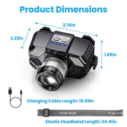 Waterproof camping headlamp switched on with a wave of the hand