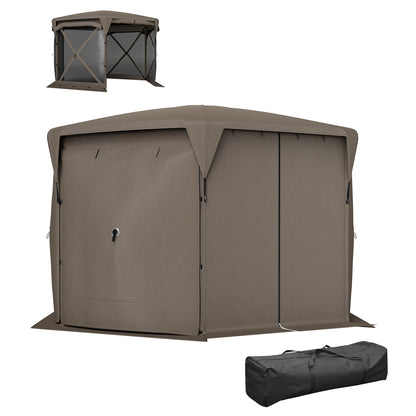 Screened camping gazebo with removable roof and roll-up wind panels