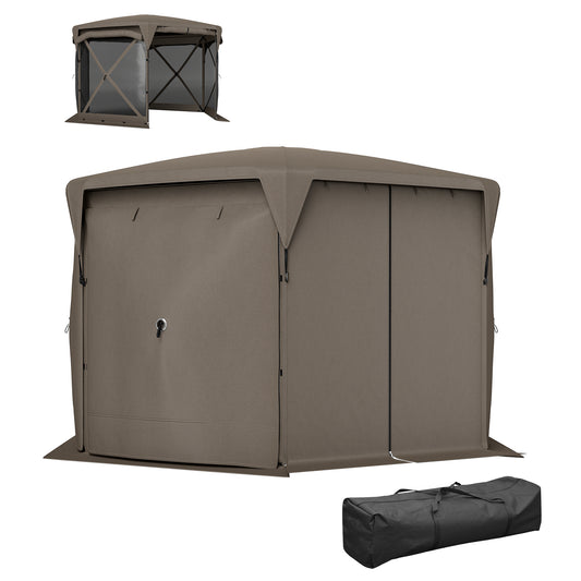 Screened camping gazebo with removable roof and roll-up wind panels