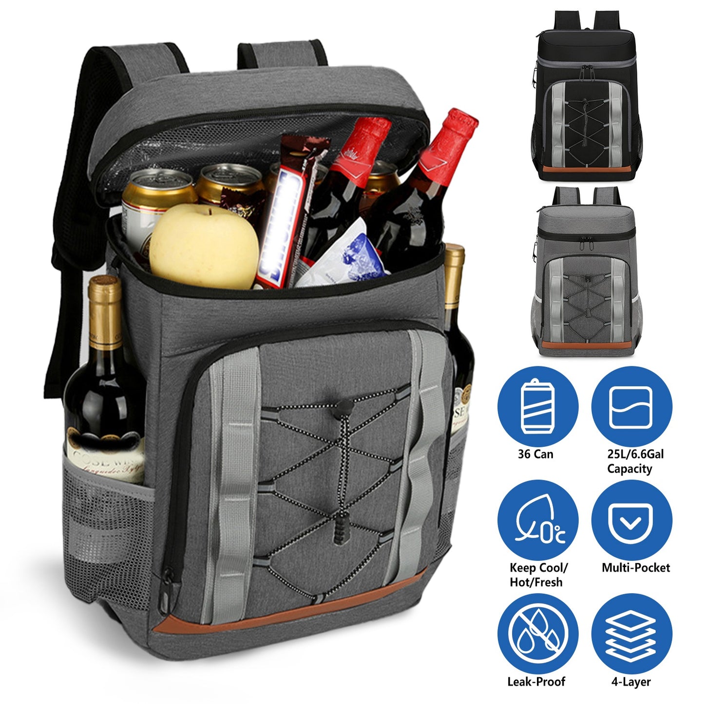 Grey-Black Options 1Pc Cooler Backpack 36 Can Leakproof Insulated Cooler Backpack with 25L 6.6Gal for Picnic Camping Beach Hiking Fishing Travel