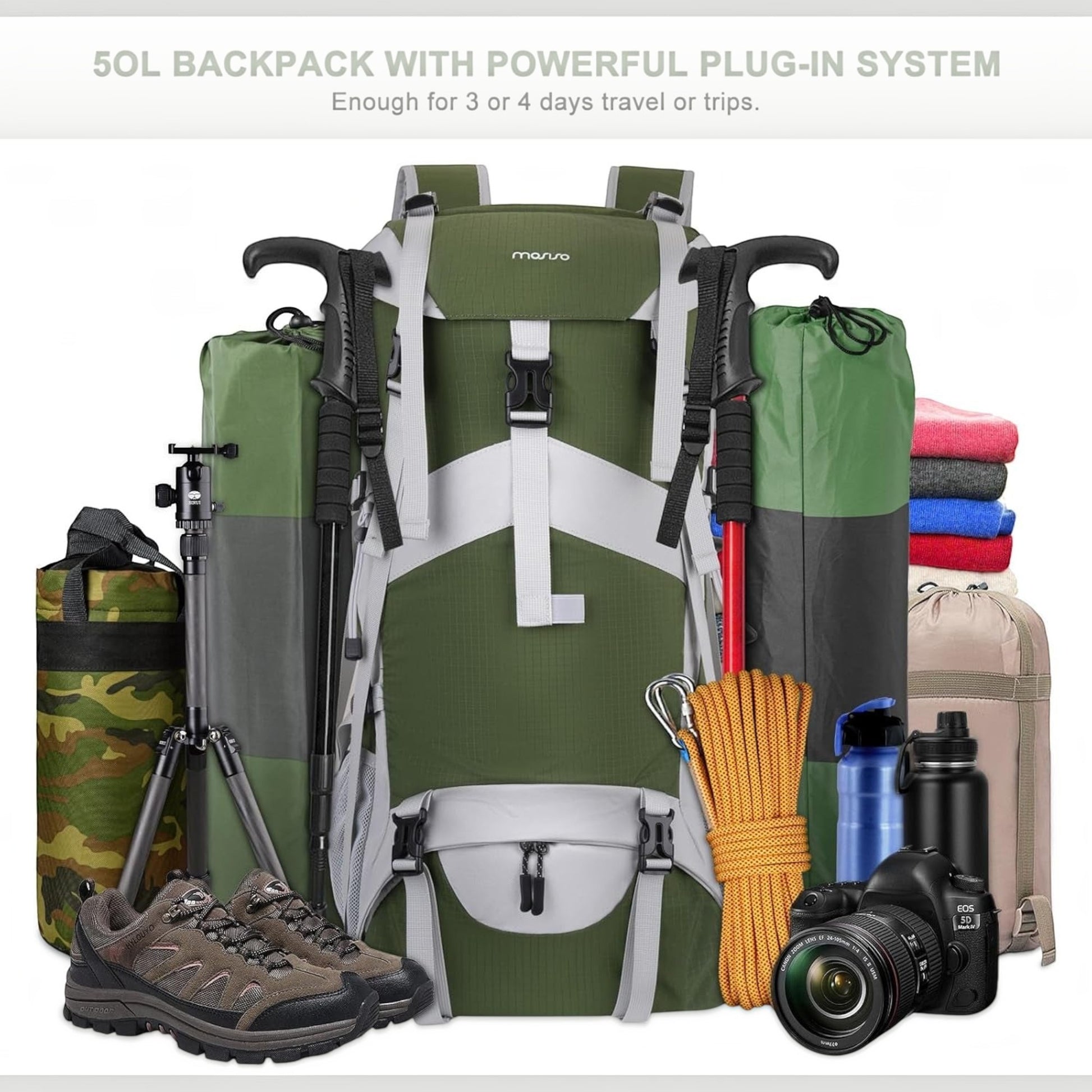 Weekend hiking backpack with its included rain cover fitted