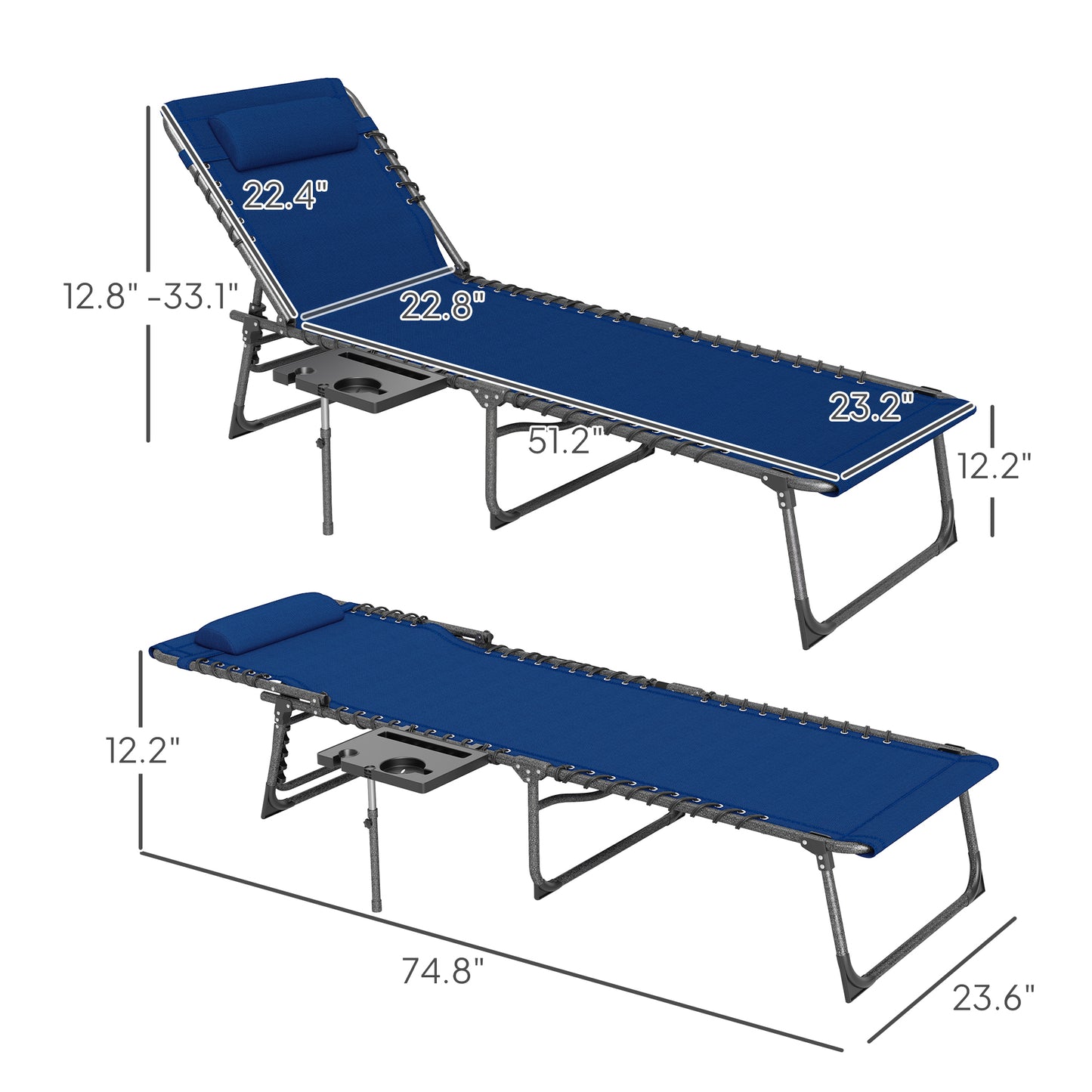 Folding Outdoor Chaise Lounge Chair Tanning Chair with 5-Level Adjustable Back, Side Table, Pillow, Pocket, Dark Blue