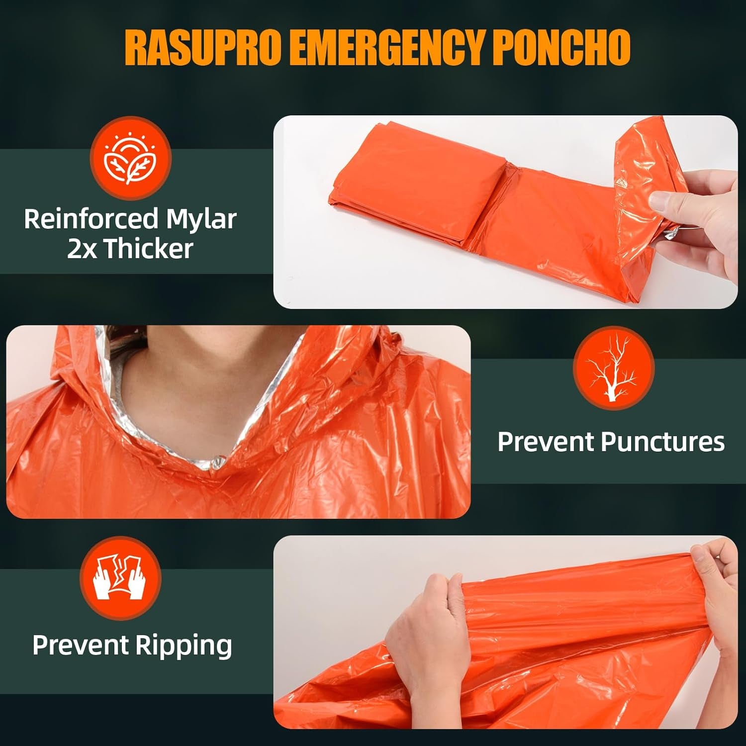 4 Pack Emergency Ponchos with Thickened Mylar Blanket Lining, Windproof, Waterpr