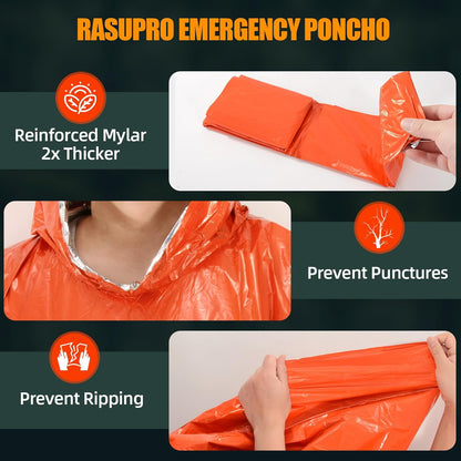 4 Pack Emergency Ponchos with Thickened Mylar Blanket Lining, Windproof, Waterpr