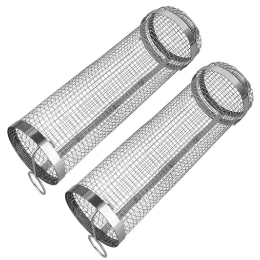 Set of two rolling stainless mesh BBQ baskets for vegetables and shrimp