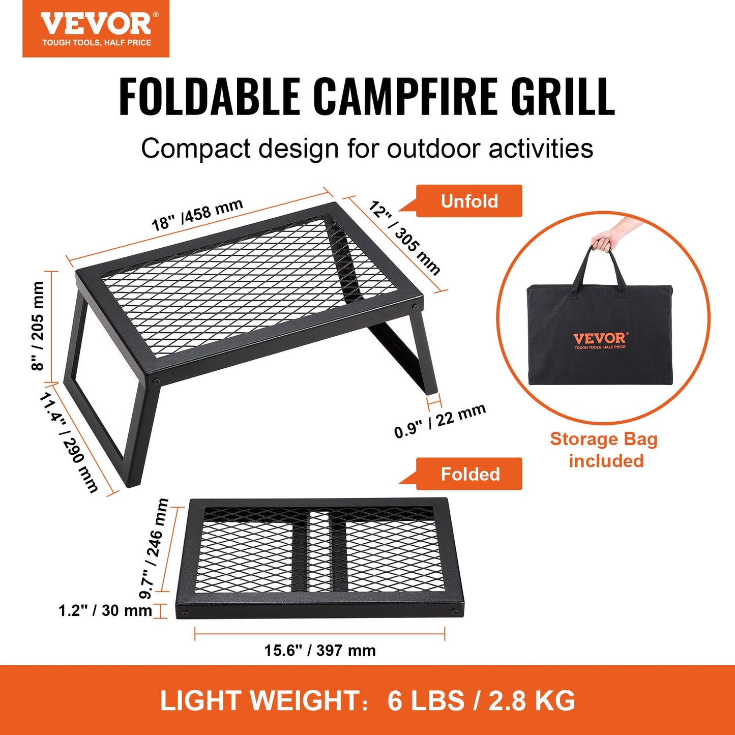 Folding Campfire Grill, Heavy Duty Steel Mesh Grate, 18' Portable Camping Grates over Fire Pit, Camp Fire Cooking Equipment with Legs Carrying Bag, Grilling Rack for Outdoor Open Flame Cooking