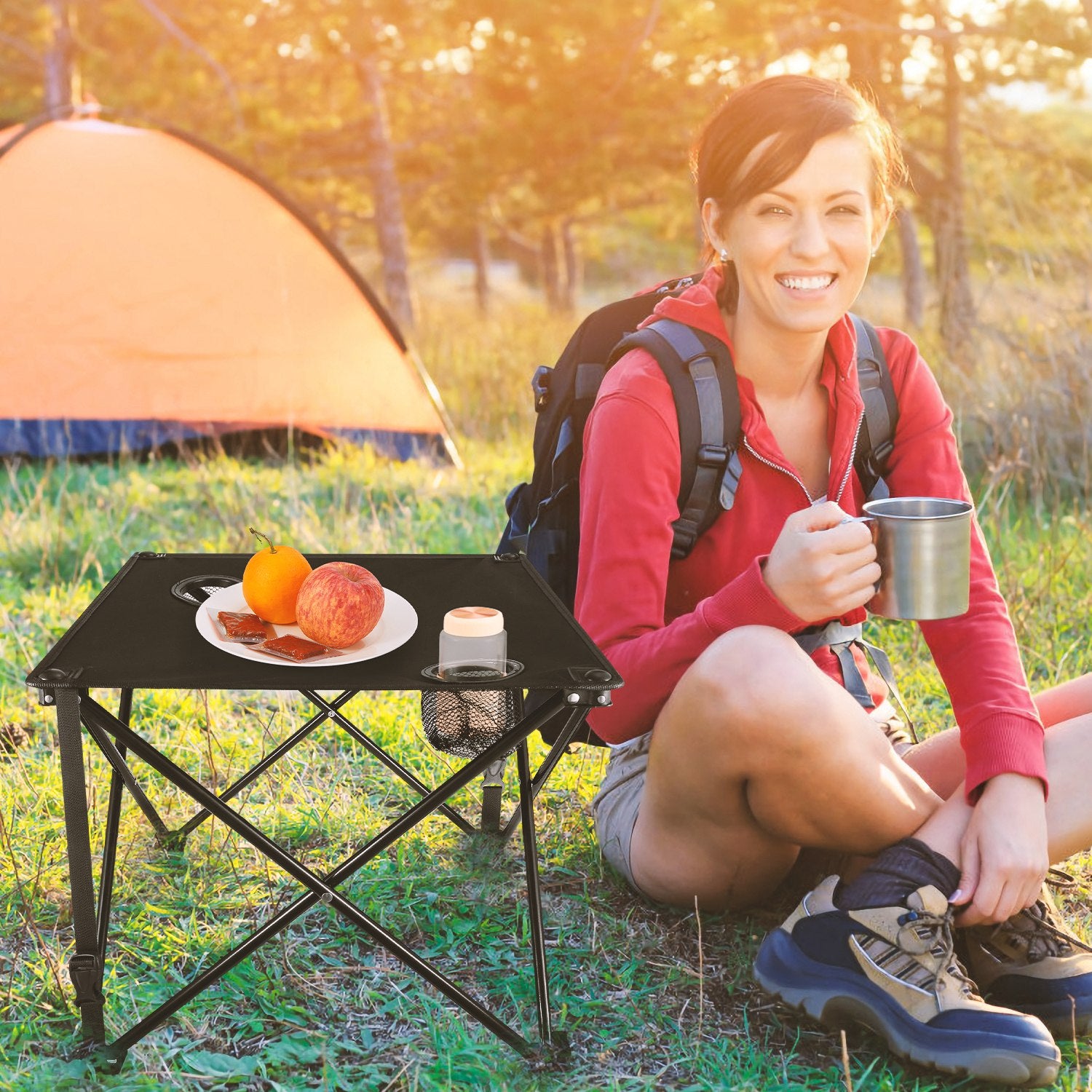1Pc 2Pc Options Foldable Camping Table Portable Picnic Table Lightweight Travel Desk with 2 Cup Holders Carrying Bag Color Options Black Orange Green Red Blue Navy Blue
