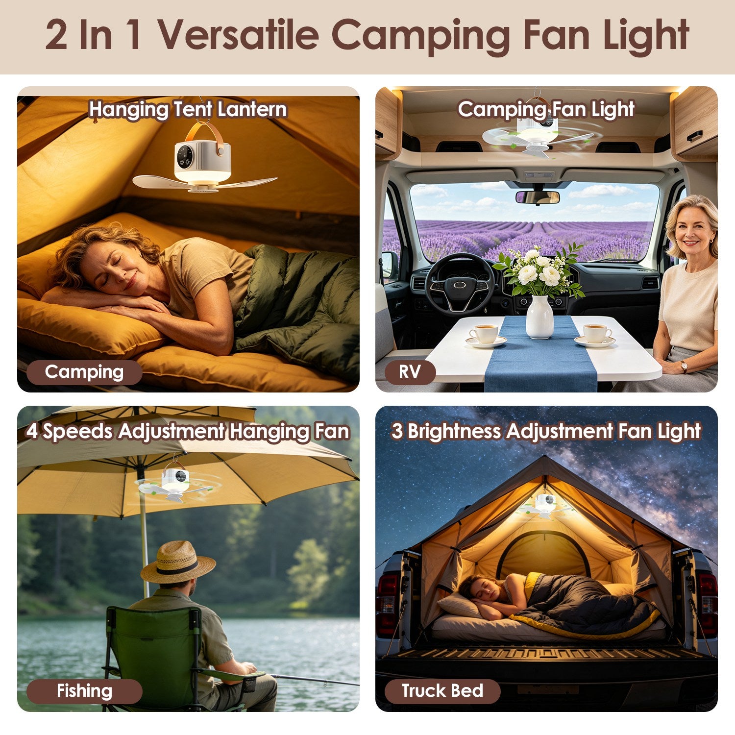 1Pc Tent Ceiling Fan with Light 7200Mah Rechargeable Battery Operated Hanging Canopy Fan with Remote Control 4 Wind Speeds 3 Brightness Standard Type