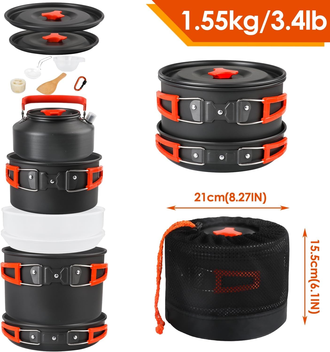 Hard-anodized camp cooking kit packed into its storage bag