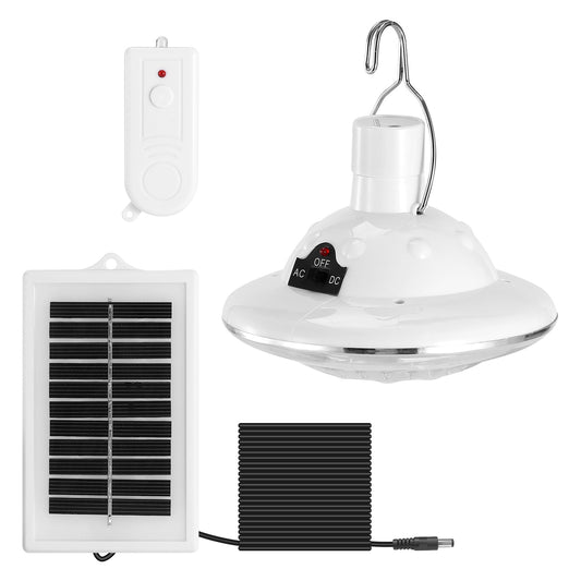 Solar camping lantern with remote, IP65 waterproof, hanging at a campsite
