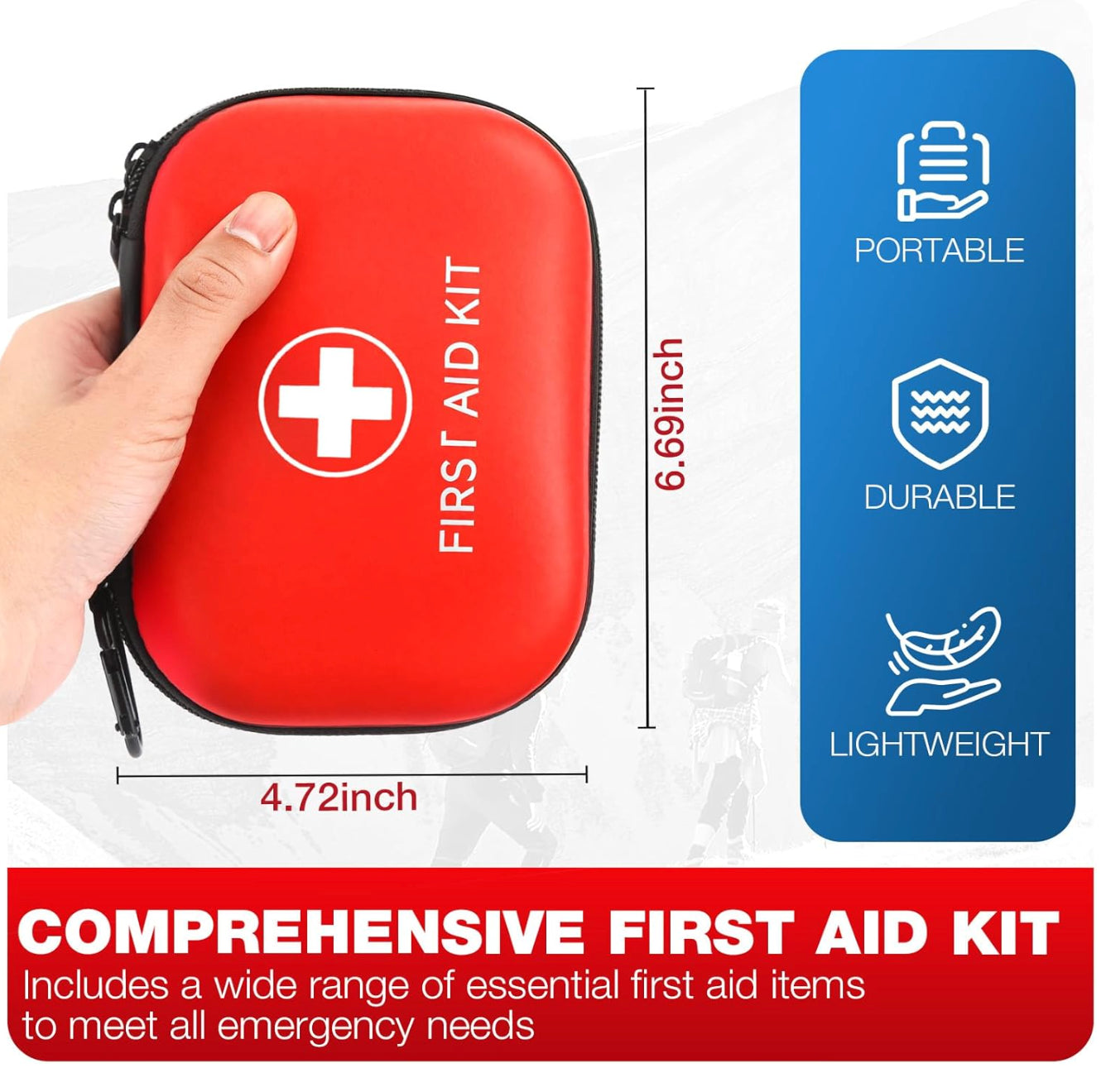 Camping first aid kit open showing categorised compartments and supplies