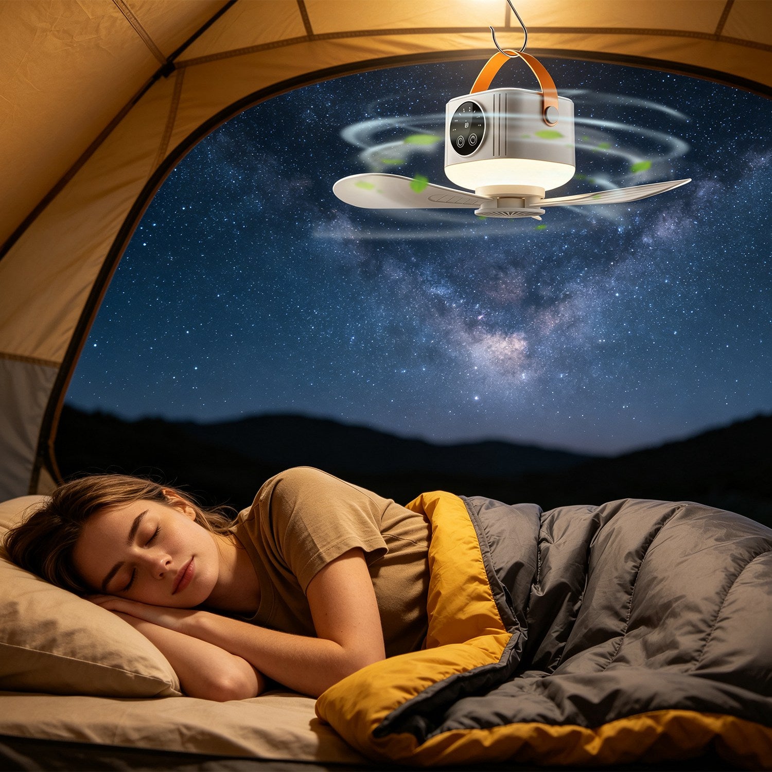 1Pc Tent Ceiling Fan with Light 7200Mah Rechargeable Battery Operated Hanging Canopy Fan with Remote Control 4 Wind Speeds 3 Brightness Standard Type