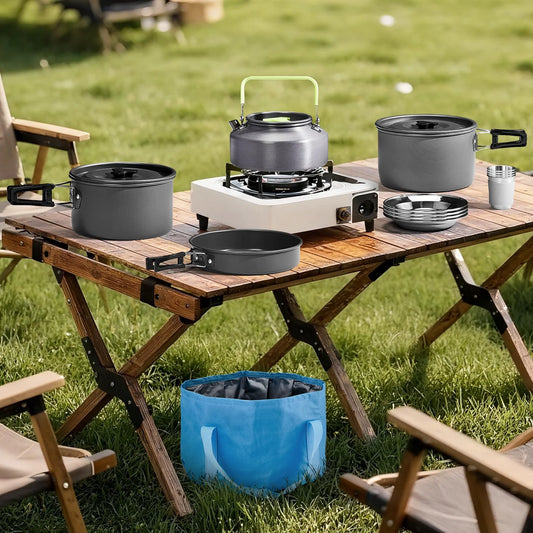Group camp cooking kit packed into a single carry bag