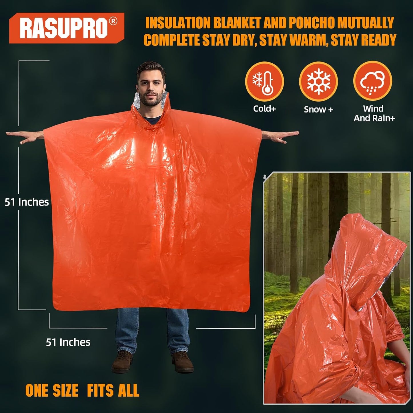 4 Pack Emergency Ponchos with Thickened Mylar Blanket Lining, Windproof, Waterpr