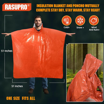 4 Pack Emergency Ponchos with Thickened Mylar Blanket Lining, Windproof, Waterpr