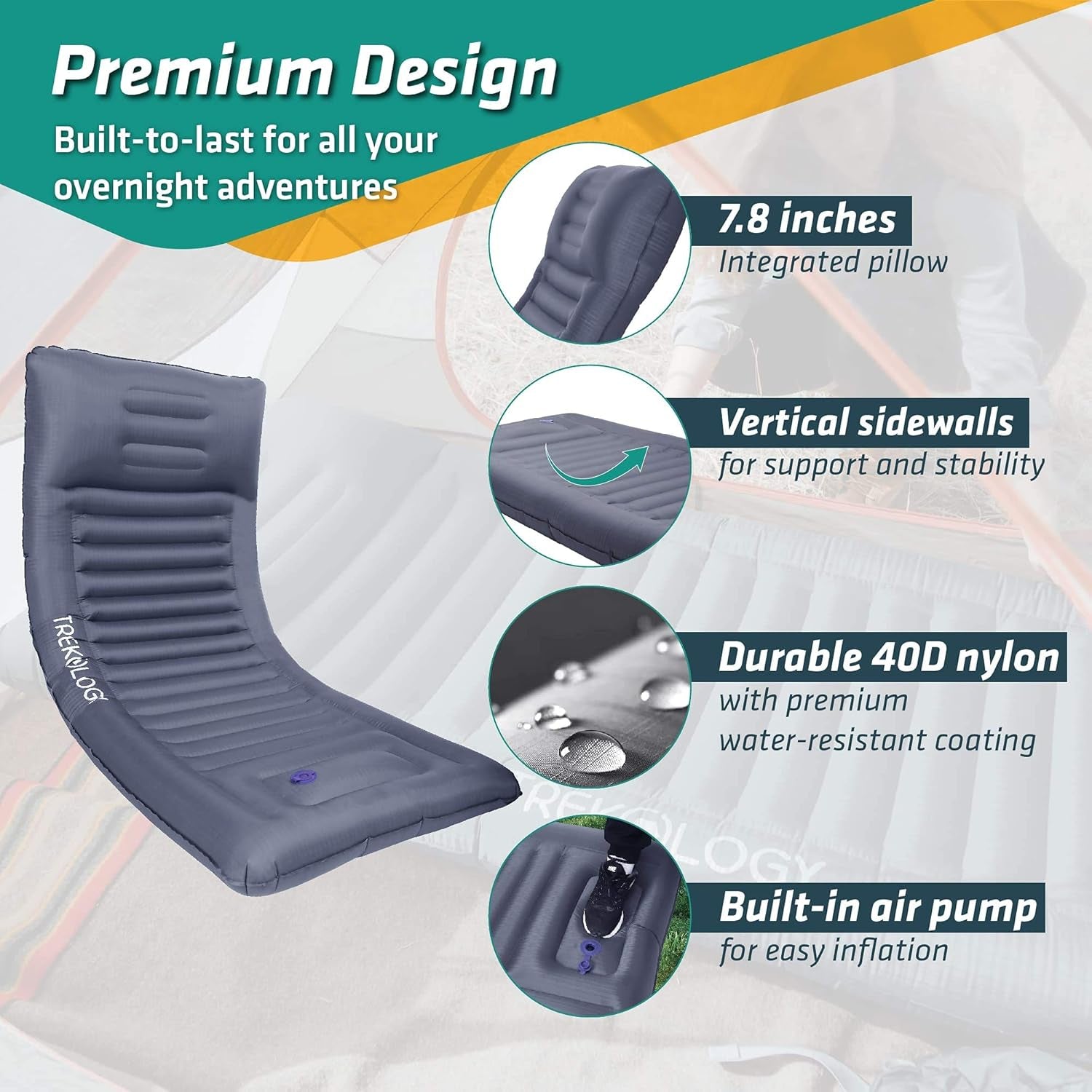 Sleeping Pad for Camping - Infaltable Mat – 73.2"X 29.9" Premium with Built‑In Pump, Neck‑Support Pillow, Thick 4.9" Height – Ultralight Sleep Pad for Tent, Backpacking & Travel