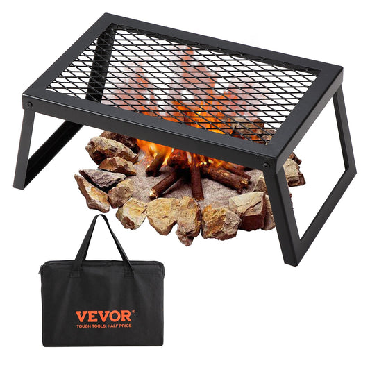 18 inch folding campfire grill grate with fold-out legs over a fire pit