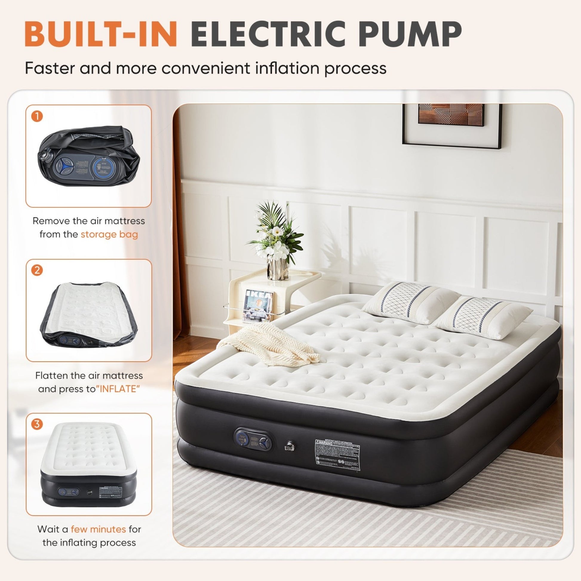 Air Mattress -16In- 18In Inflatable Blow up Mattress Airbed with Built-In High Capacity Pump, Double Height, Adjustable, Non-Slip Bottom Design