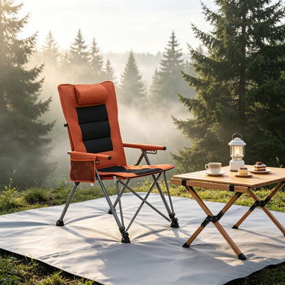 Adjustable camping chair reclined back with carry bag alongside