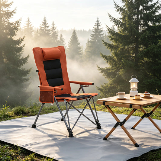 Adjustable camping chair reclined back with carry bag alongside