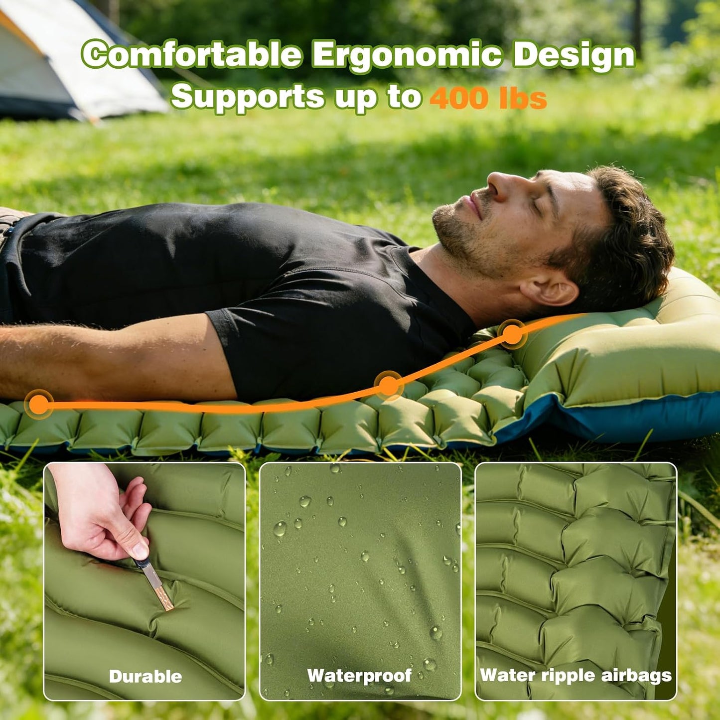 Camping Sleeping Pad, Camping Mat Thick Ultralight with Pillow, Built-In Foot Pump Self Inflating Sleeping Pad for Camping, Compact Camping Pad for Hiking, Backpacking, Travel Tent