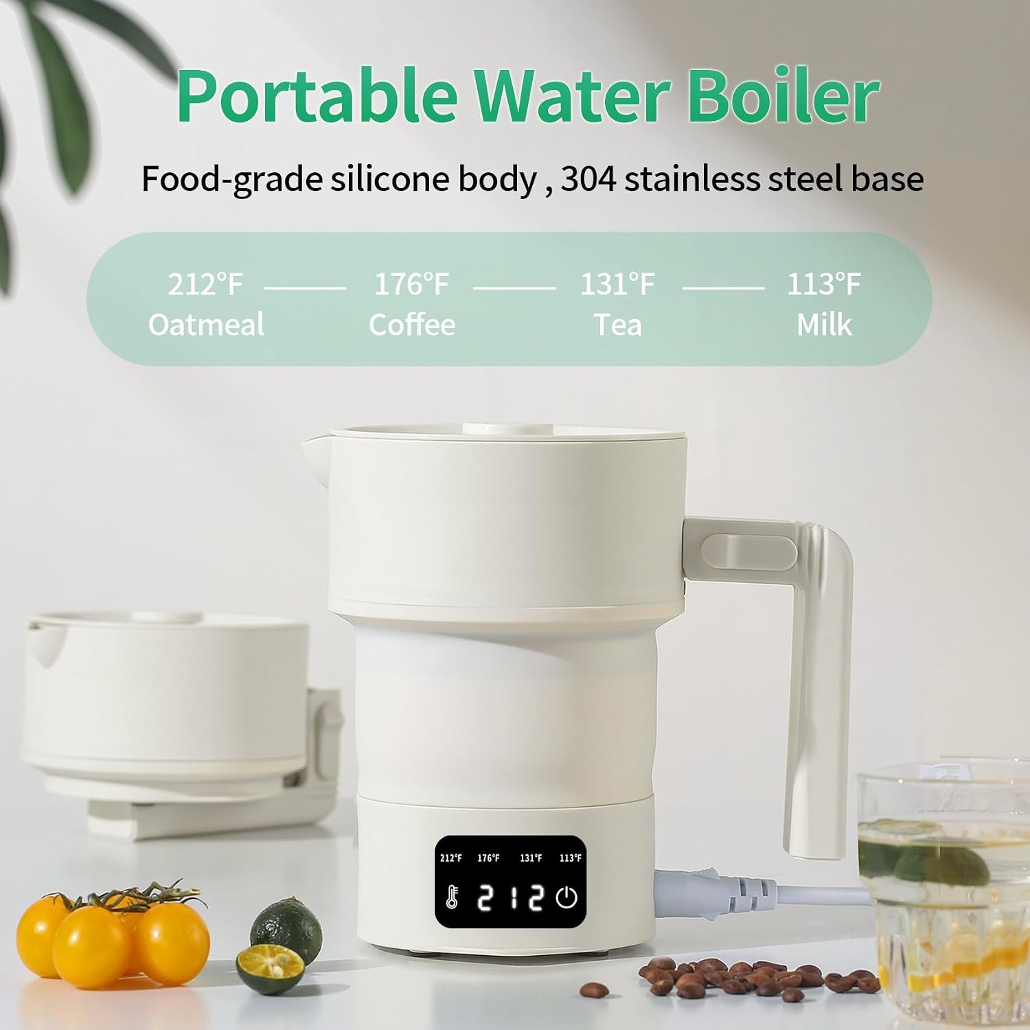 Foldable 20 oz electric travel kettle with four temperature presets