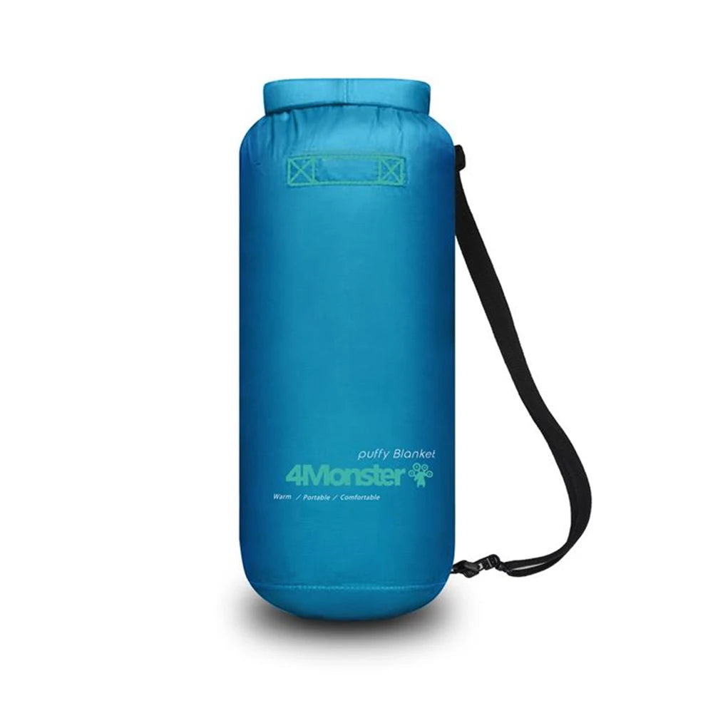 Double puffy insulated camping blanket spread out, sized for two people