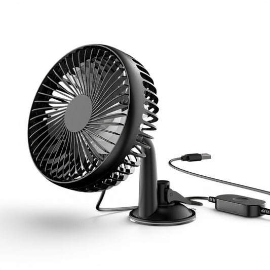 Clip-on USB cooling fan attached to a car headrest for back seats