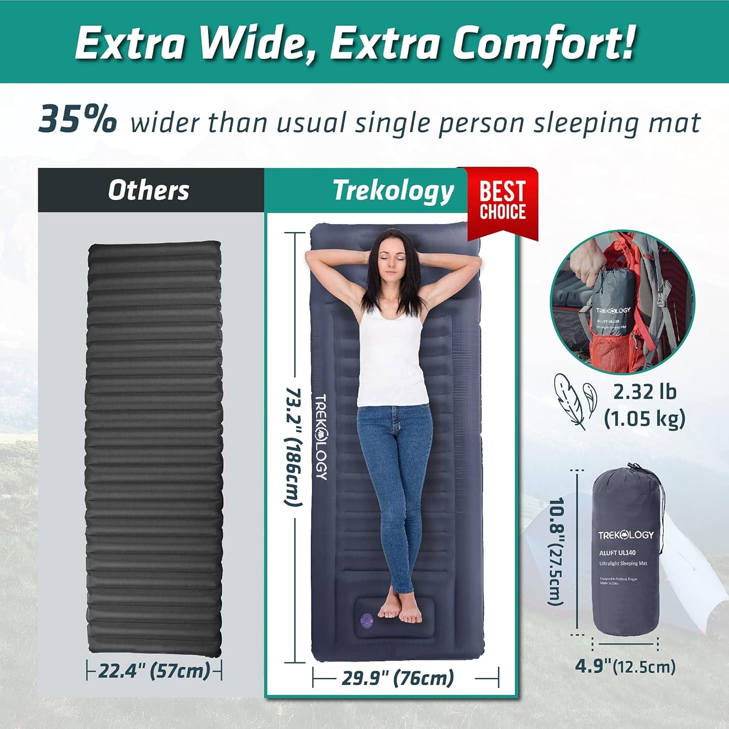 Sleeping Pad for Camping - Infaltable Mat – 73.2"X 29.9" Premium with Built‑In Pump, Neck‑Support Pillow, Thick 4.9" Height – Ultralight Sleep Pad for Tent, Backpacking & Travel
