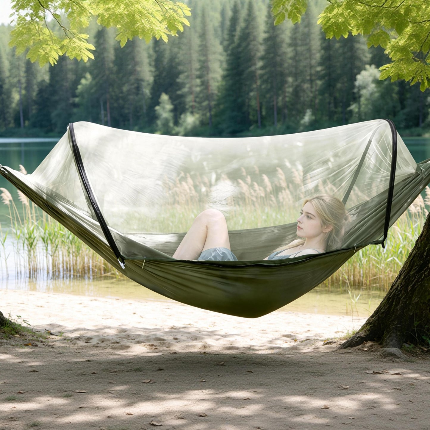 1Pc Camping Hammock with Mosquito Net Portable Hammock Tent with Built in Mosquito Net Dual Way Zippers 440Lbs Capacity Attached Storage Pocket for Outdoor Travel Camping Hiking Backpacking