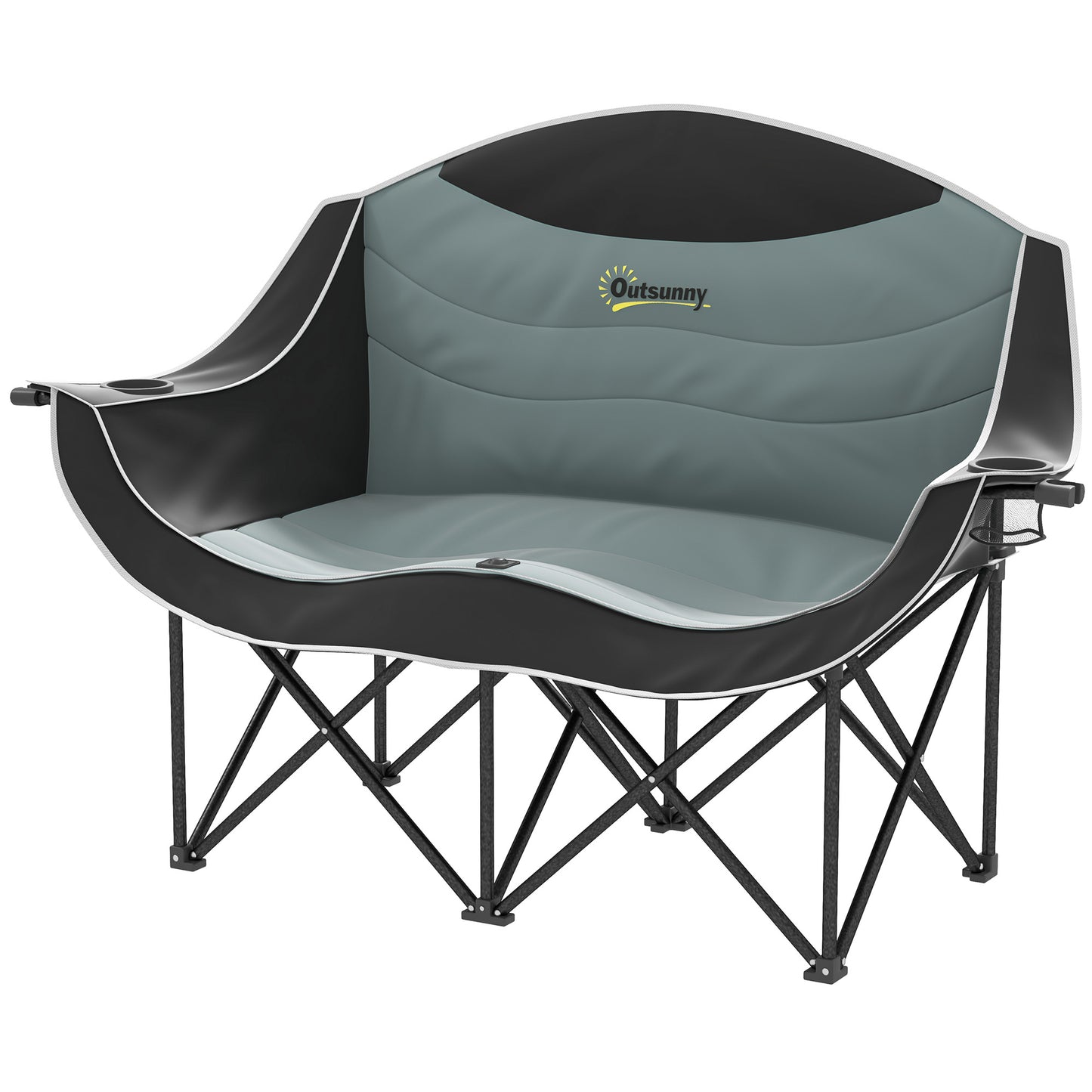 Padded double camp chair loveseat with armrests and two cup holders