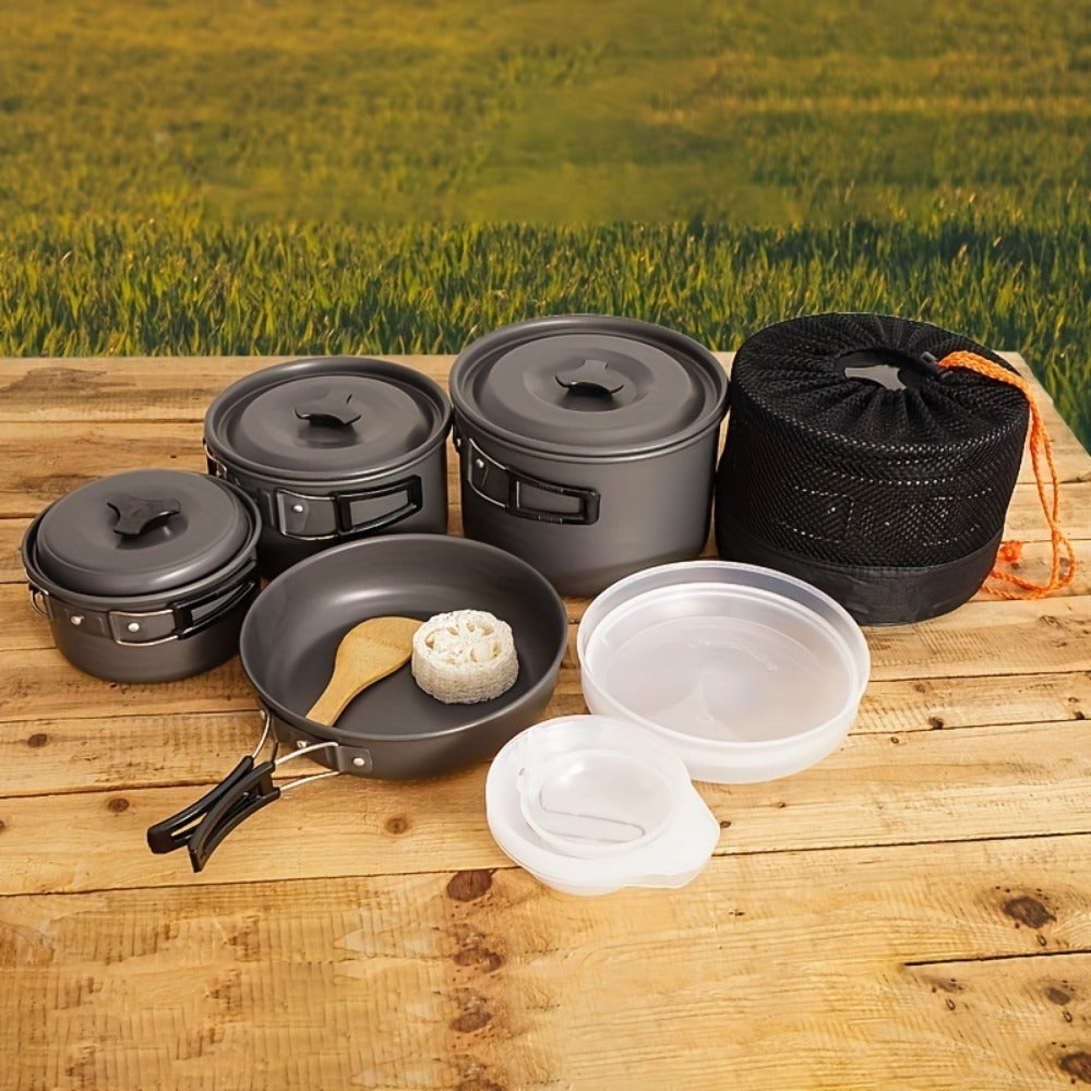 Folding camp cookware nested into a single compact bundle for packing