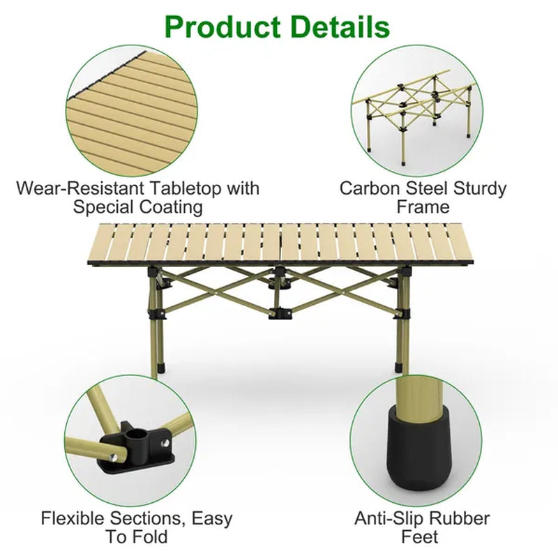 Portable camping table rolled into its carry bag for transport