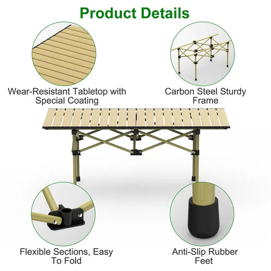 Portable camping table rolled into its carry bag for transport