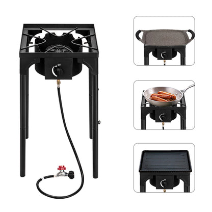 Single-burner propane cooker on a heavy-duty stand for outdoor cooking