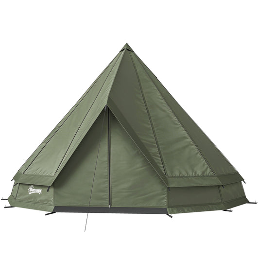 Waterproof teepee hot tent with stove jack pitched on a single pole