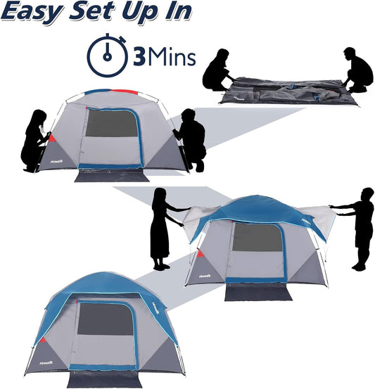Family dome tent with mesh ventilation panels and light blue rainfly