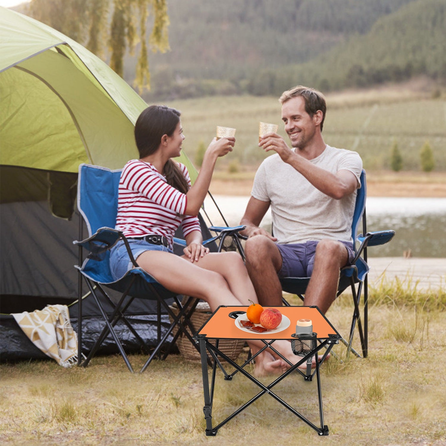 1Pc 2Pc Options Foldable Camping Table Portable Picnic Table Lightweight Travel Desk with 2 Cup Holders Carrying Bag Color Options Black Orange Green Red Blue Navy Blue