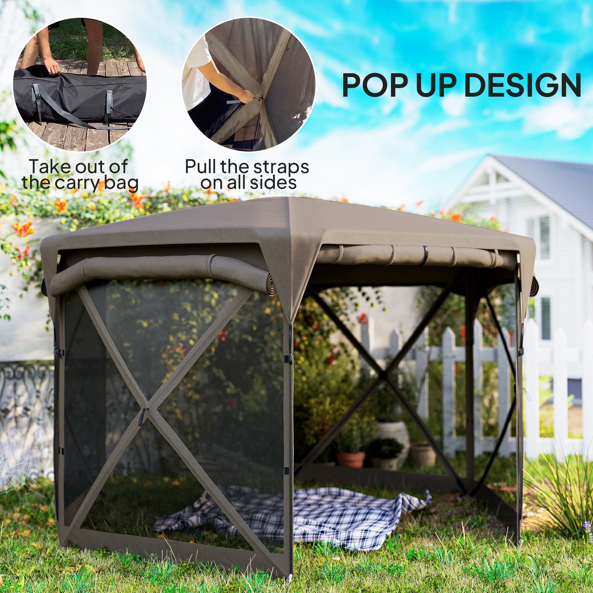 11 X 11Ft up Gazebo Screen Tent with Removable Roof Cover, Roll-Up Wind Panels for Camping, Backyard, Brown