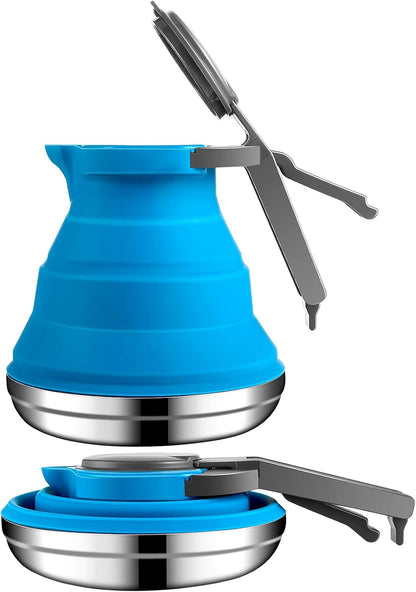 Collapsible 50 oz camping kettle with stainless base for stove or fire
